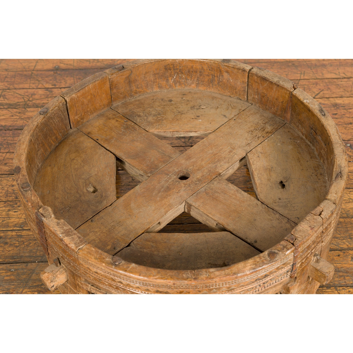 Tribal Indian 1920s Teak Chakki Grinding Table with Geometric Carved Motifs-3. Asian & Chinese Furniture, Art, Antiques, Vintage Home Décor for sale at FEA Home