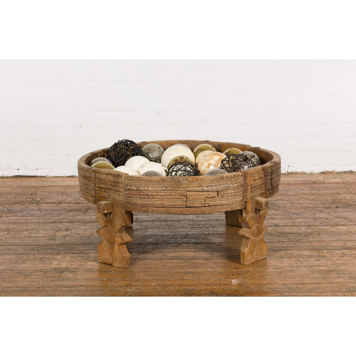 Tribal Indian 1920s Teak Chakki Grinding Table with Geometric Carved Motifs-4. Asian & Chinese Furniture, Art, Antiques, Vintage Home Décor for sale at FEA Home