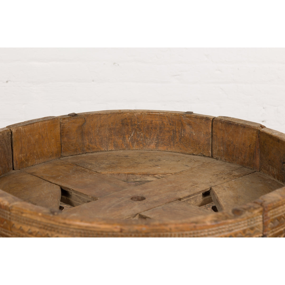 Tribal Indian 1920s Teak Chakki Grinding Table with Geometric Carved Motifs-5. Asian & Chinese Furniture, Art, Antiques, Vintage Home Décor for sale at FEA Home