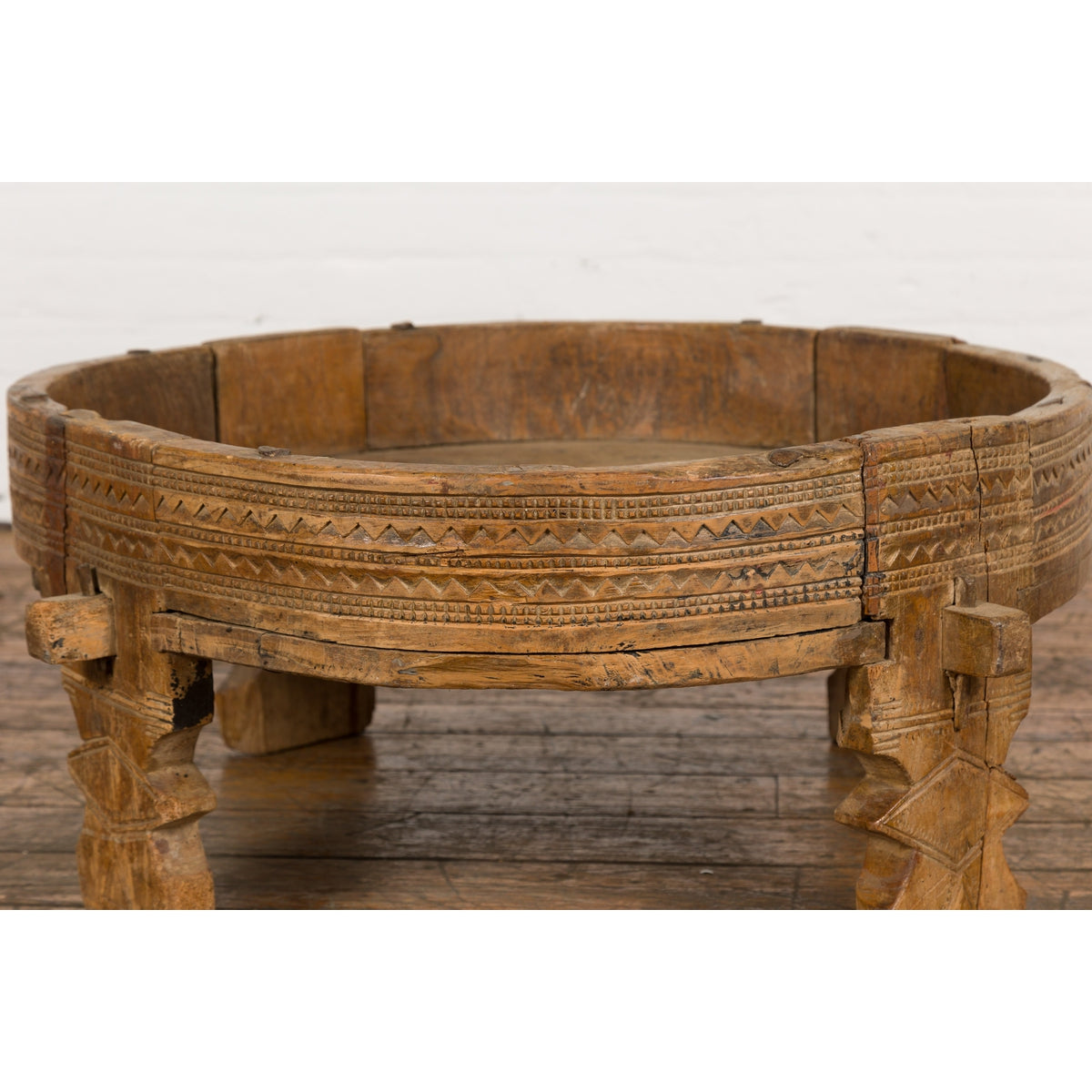 Tribal Indian 1920s Teak Chakki Grinding Table with Geometric Carved Motifs-6. Asian & Chinese Furniture, Art, Antiques, Vintage Home Décor for sale at FEA Home