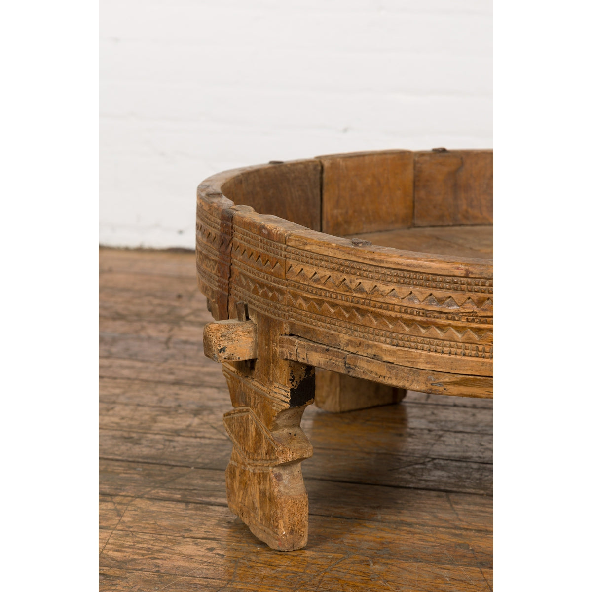 Tribal Indian 1920s Teak Chakki Grinding Table with Geometric Carved Motifs-7. Asian & Chinese Furniture, Art, Antiques, Vintage Home Décor for sale at FEA Home
