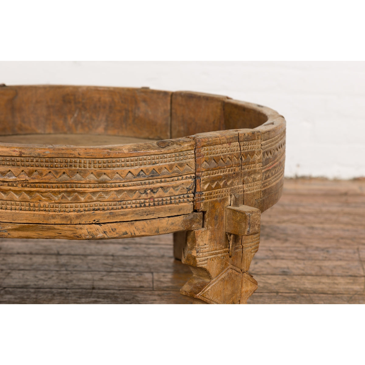 Tribal Indian 1920s Teak Chakki Grinding Table with Geometric Carved Motifs-9. Asian & Chinese Furniture, Art, Antiques, Vintage Home Décor for sale at FEA Home
