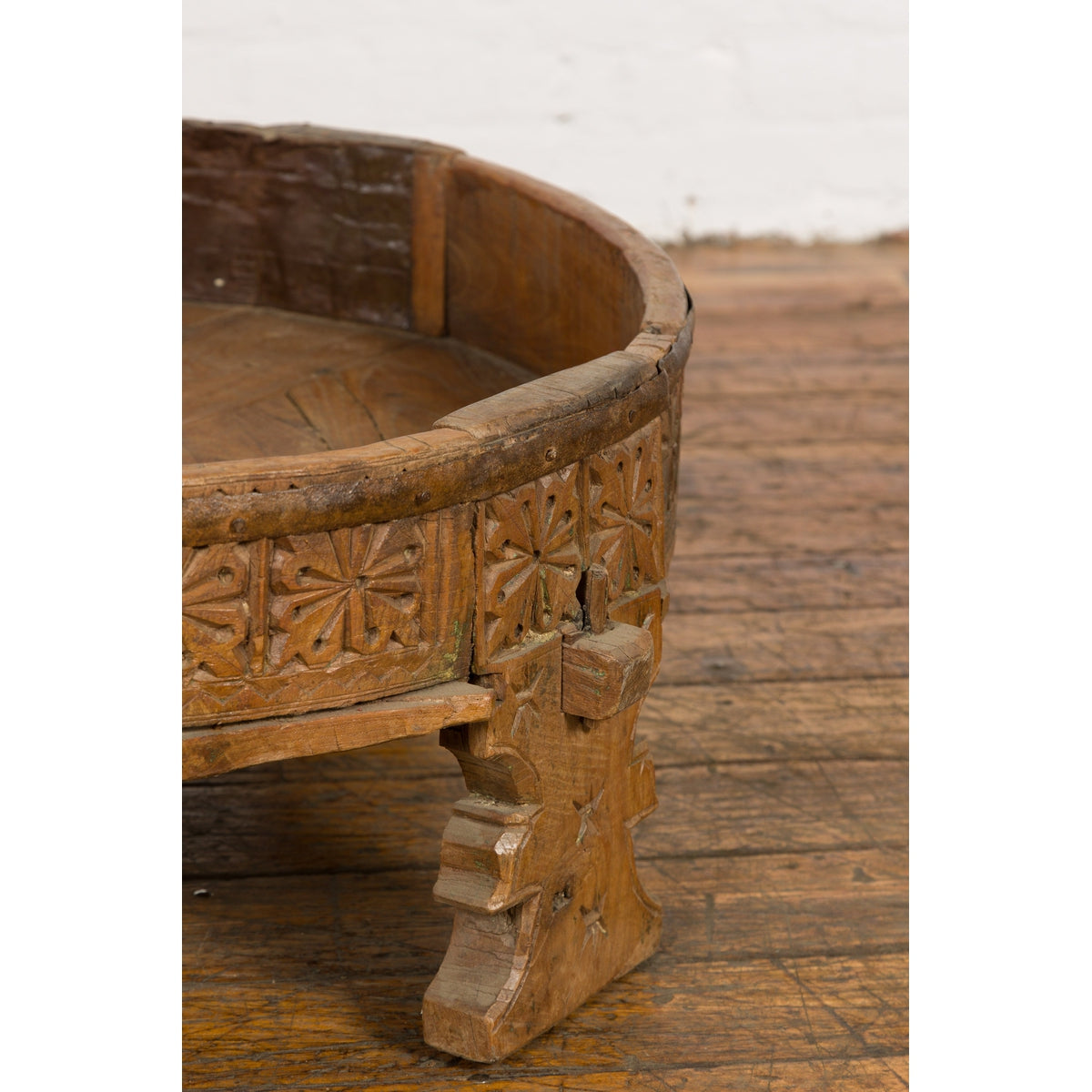 Indian Tribal 1920s Teak Chakki Grinding Table with Geometric Hand-Carved Motifs-10. Asian & Chinese Furniture, Art, Antiques, Vintage Home Décor for sale at FEA Home