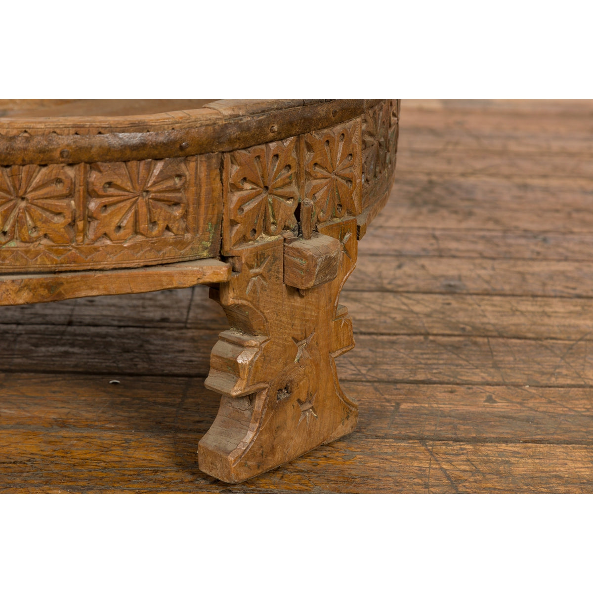 Indian Tribal 1920s Teak Chakki Grinding Table with Geometric Hand-Carved Motifs-11. Asian & Chinese Furniture, Art, Antiques, Vintage Home Décor for sale at FEA Home