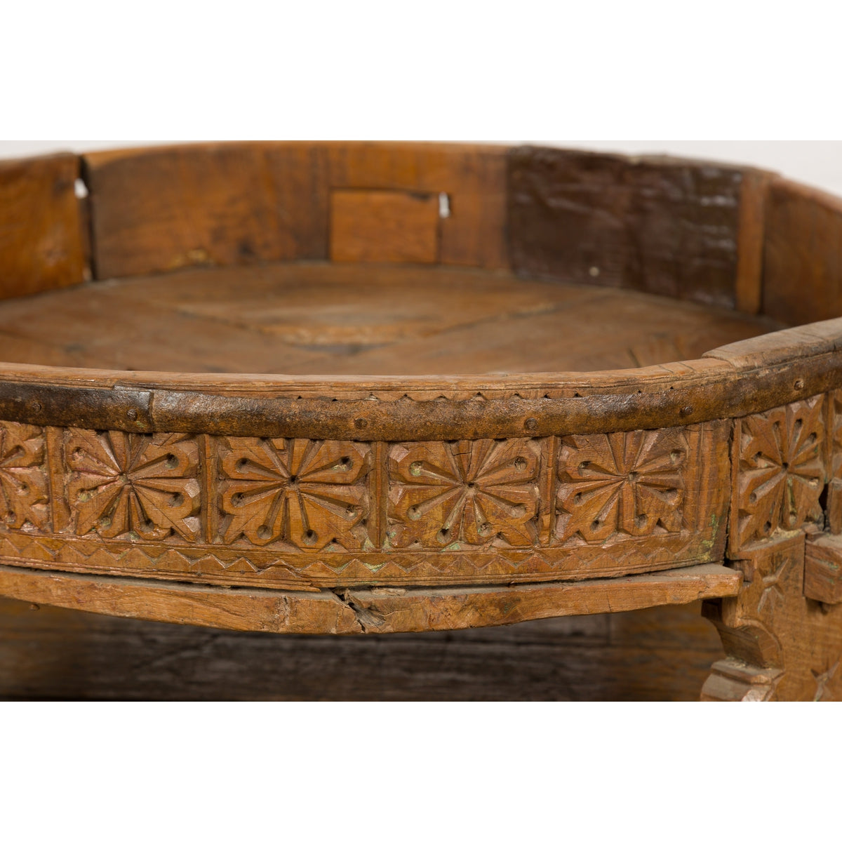Indian Tribal 1920s Teak Chakki Grinding Table with Geometric Hand-Carved Motifs-12. Asian & Chinese Furniture, Art, Antiques, Vintage Home Décor for sale at FEA Home