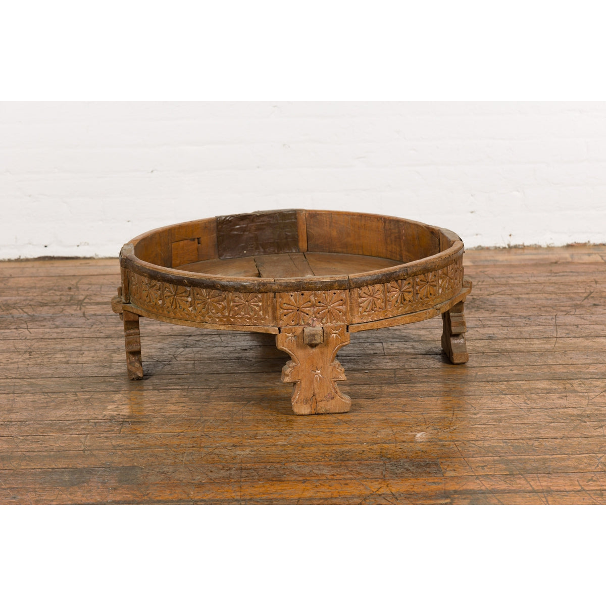 Indian Tribal 1920s Teak Chakki Grinding Table with Geometric Hand-Carved Motifs-13. Asian & Chinese Furniture, Art, Antiques, Vintage Home Décor for sale at FEA Home