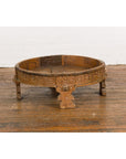 Indian Tribal 1920s Teak Chakki Grinding Table with Geometric Hand-Carved Motifs-13. Asian & Chinese Furniture, Art, Antiques, Vintage Home Décor for sale at FEA Home