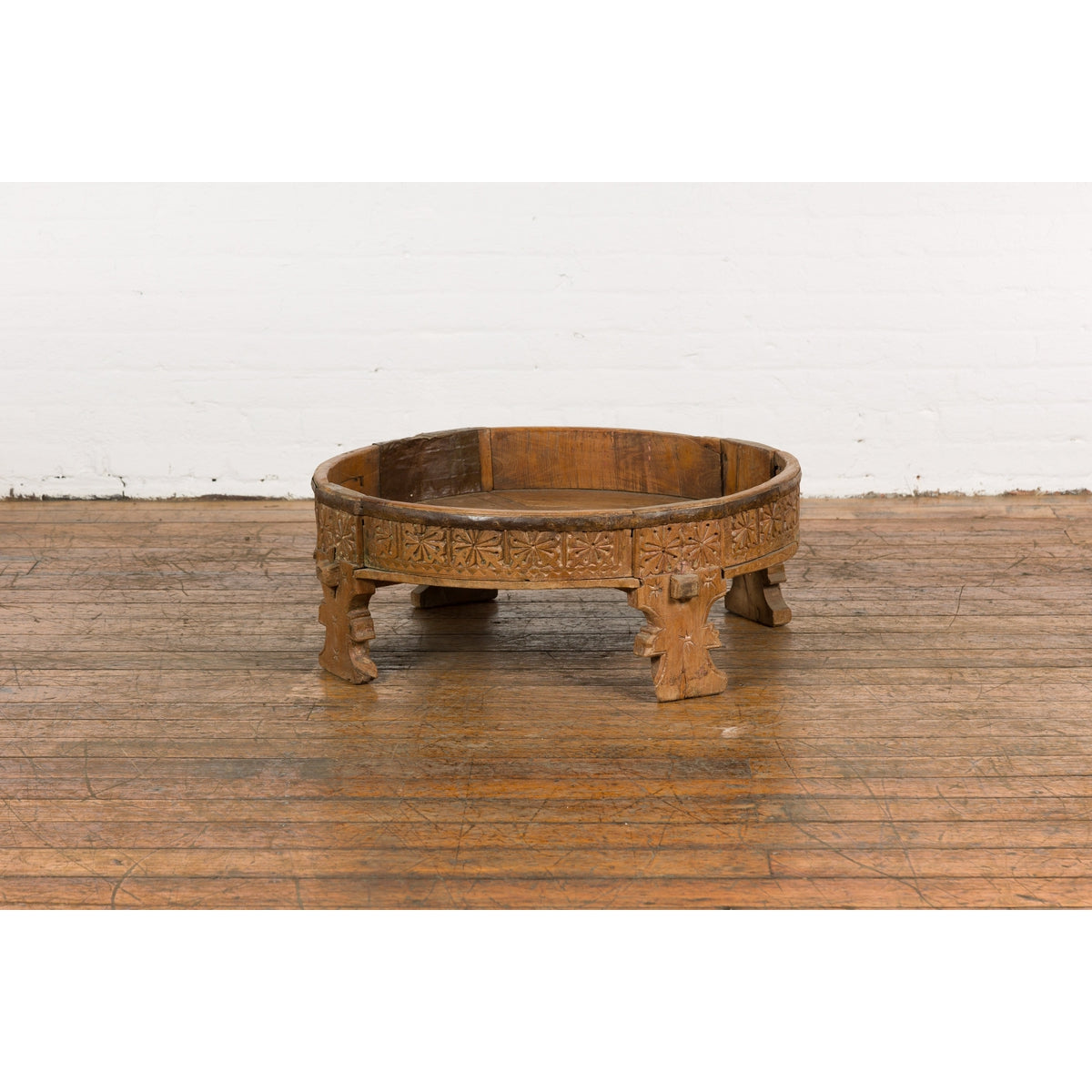 Indian Tribal 1920s Teak Chakki Grinding Table with Geometric Hand-Carved Motifs-14. Asian & Chinese Furniture, Art, Antiques, Vintage Home Décor for sale at FEA Home