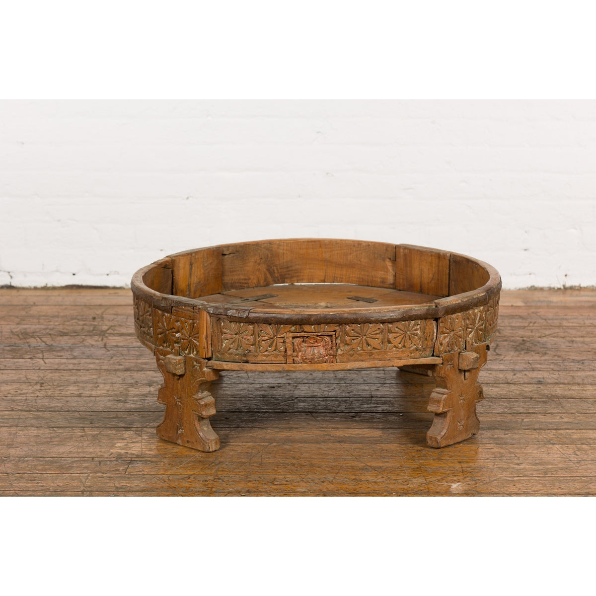 Indian Tribal 1920s Teak Chakki Grinding Table with Geometric Hand-Carved Motifs-15. Asian & Chinese Furniture, Art, Antiques, Vintage Home Décor for sale at FEA Home