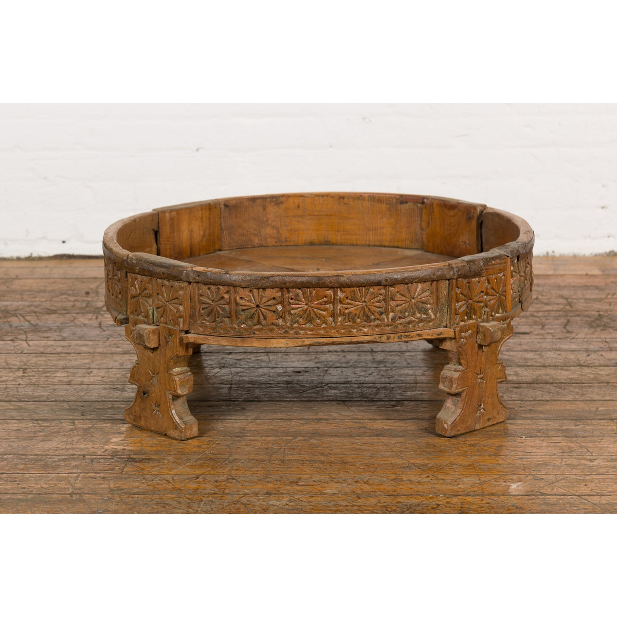 Indian Tribal 1920s Teak Chakki Grinding Table with Geometric Hand-Carved Motifs-16. Asian & Chinese Furniture, Art, Antiques, Vintage Home Décor for sale at FEA Home