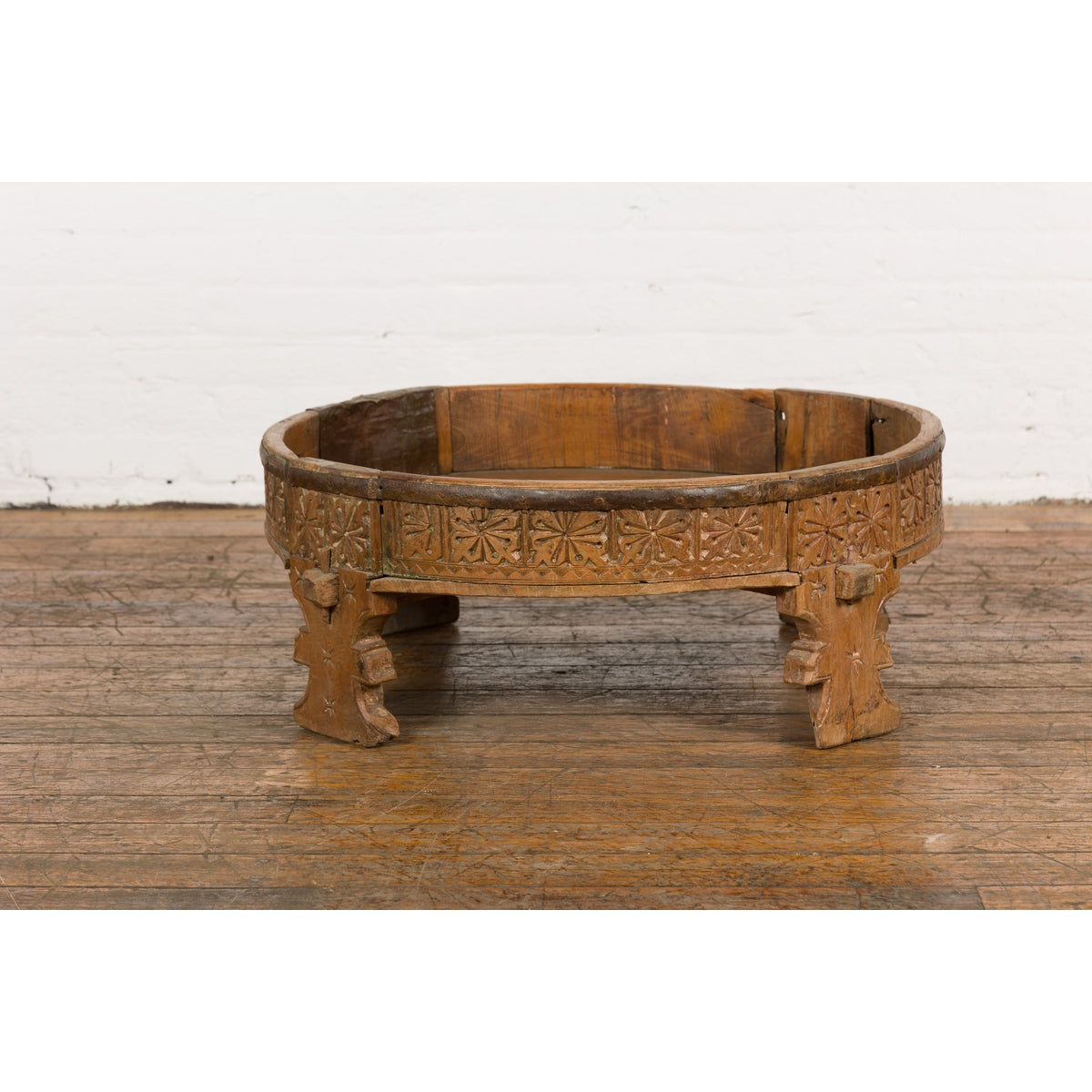 Indian Tribal 1920s Teak Chakki Grinding Table with Geometric Hand-Carved Motifs-17. Asian & Chinese Furniture, Art, Antiques, Vintage Home Décor for sale at FEA Home