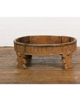Indian Tribal 1920s Teak Chakki Grinding Table with Geometric Hand-Carved Motifs-17. Asian & Chinese Furniture, Art, Antiques, Vintage Home Décor for sale at FEA Home