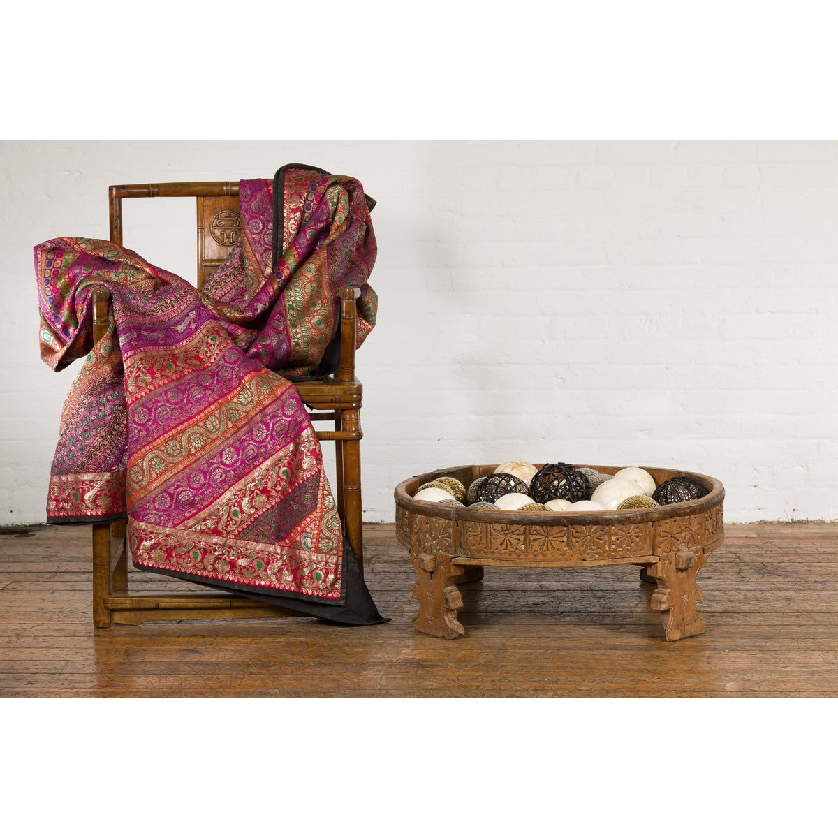 Indian Tribal 1920s Teak Chakki Grinding Table with Geometric Hand-Carved Motifs-3. Asian & Chinese Furniture, Art, Antiques, Vintage Home Décor for sale at FEA Home