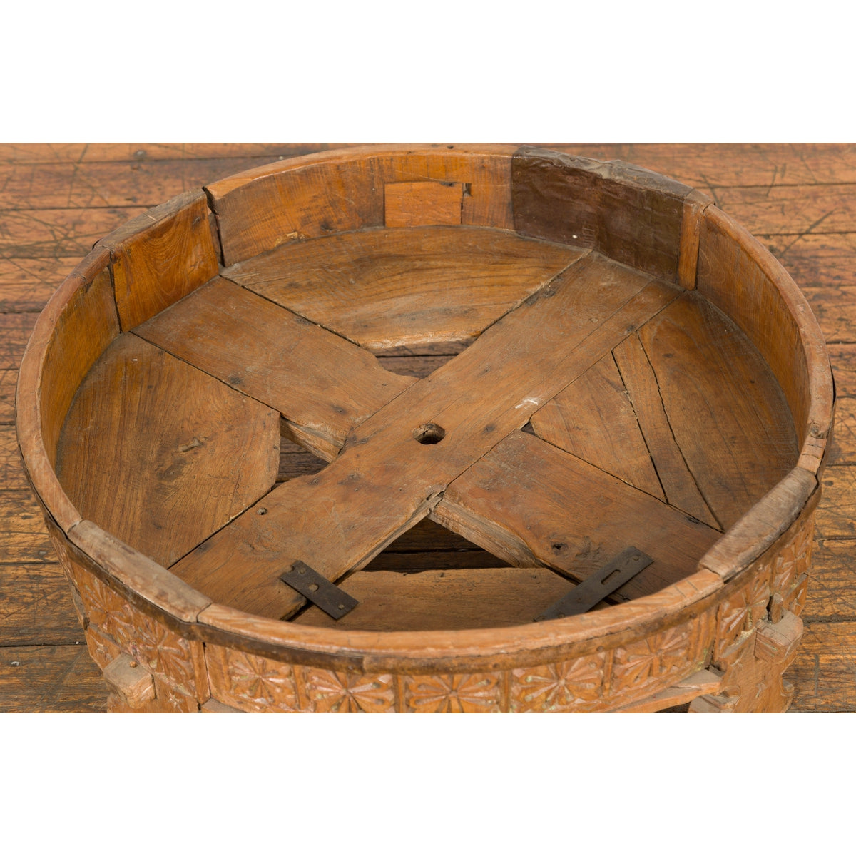 Indian Tribal 1920s Teak Chakki Grinding Table with Geometric Hand-Carved Motifs-4. Asian & Chinese Furniture, Art, Antiques, Vintage Home Décor for sale at FEA Home