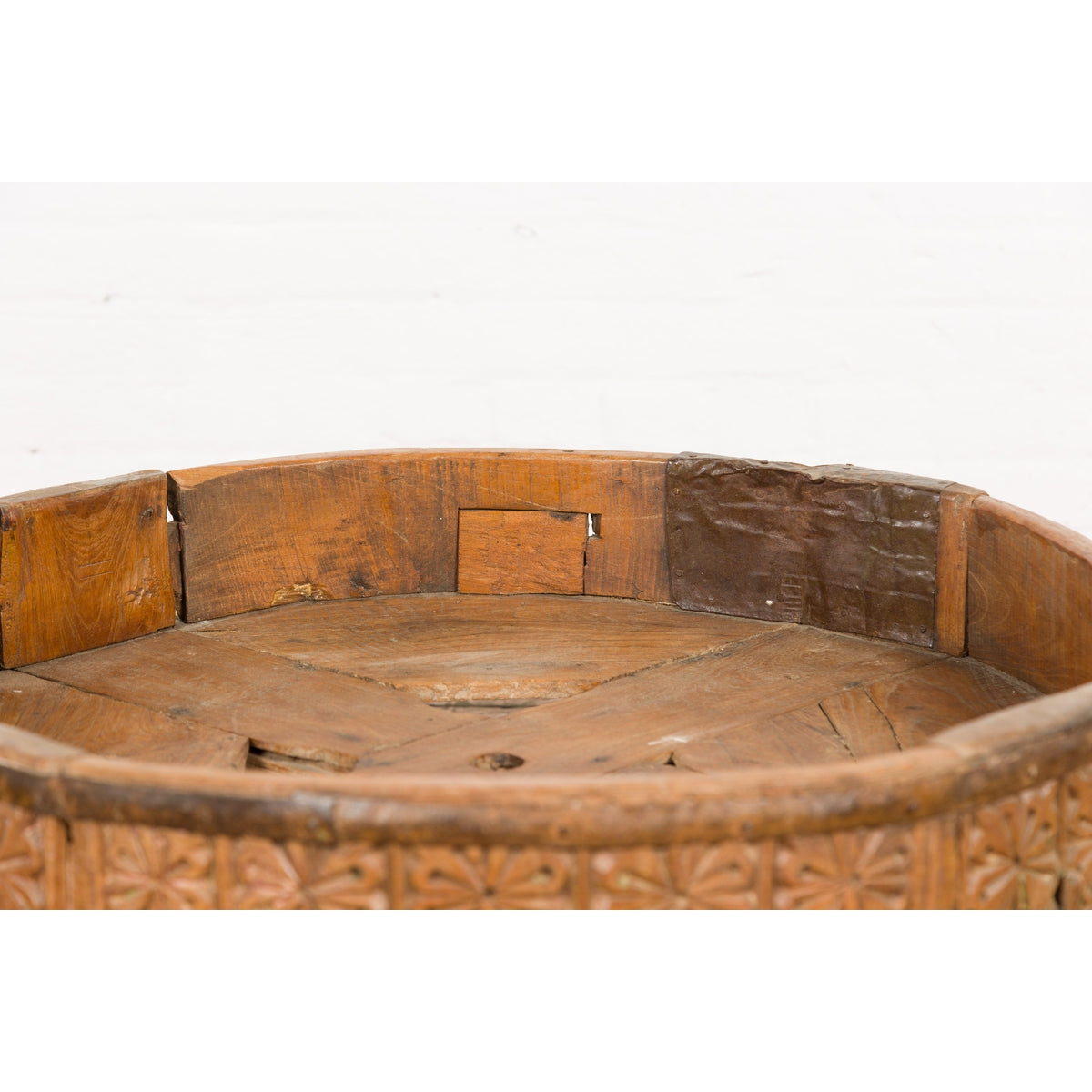 Indian Tribal 1920s Teak Chakki Grinding Table with Geometric Hand-Carved Motifs-5. Asian & Chinese Furniture, Art, Antiques, Vintage Home Décor for sale at FEA Home