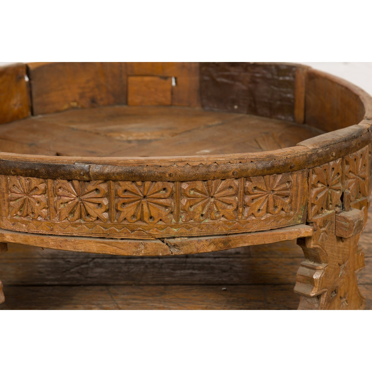 Indian Tribal 1920s Teak Chakki Grinding Table with Geometric Hand-Carved Motifs-7. Asian & Chinese Furniture, Art, Antiques, Vintage Home Décor for sale at FEA Home