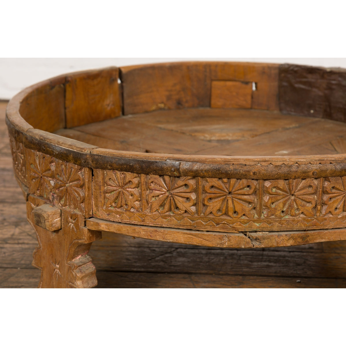 Indian Tribal 1920s Teak Chakki Grinding Table with Geometric Hand-Carved Motifs-8. Asian & Chinese Furniture, Art, Antiques, Vintage Home Décor for sale at FEA Home