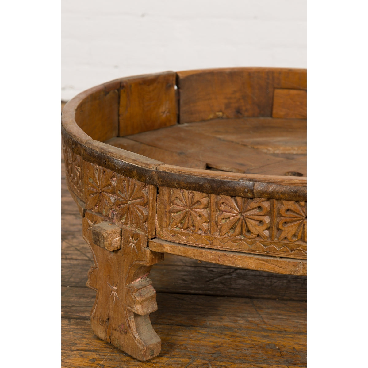 Indian Tribal 1920s Teak Chakki Grinding Table with Geometric Hand-Carved Motifs-9. Asian & Chinese Furniture, Art, Antiques, Vintage Home Décor for sale at FEA Home