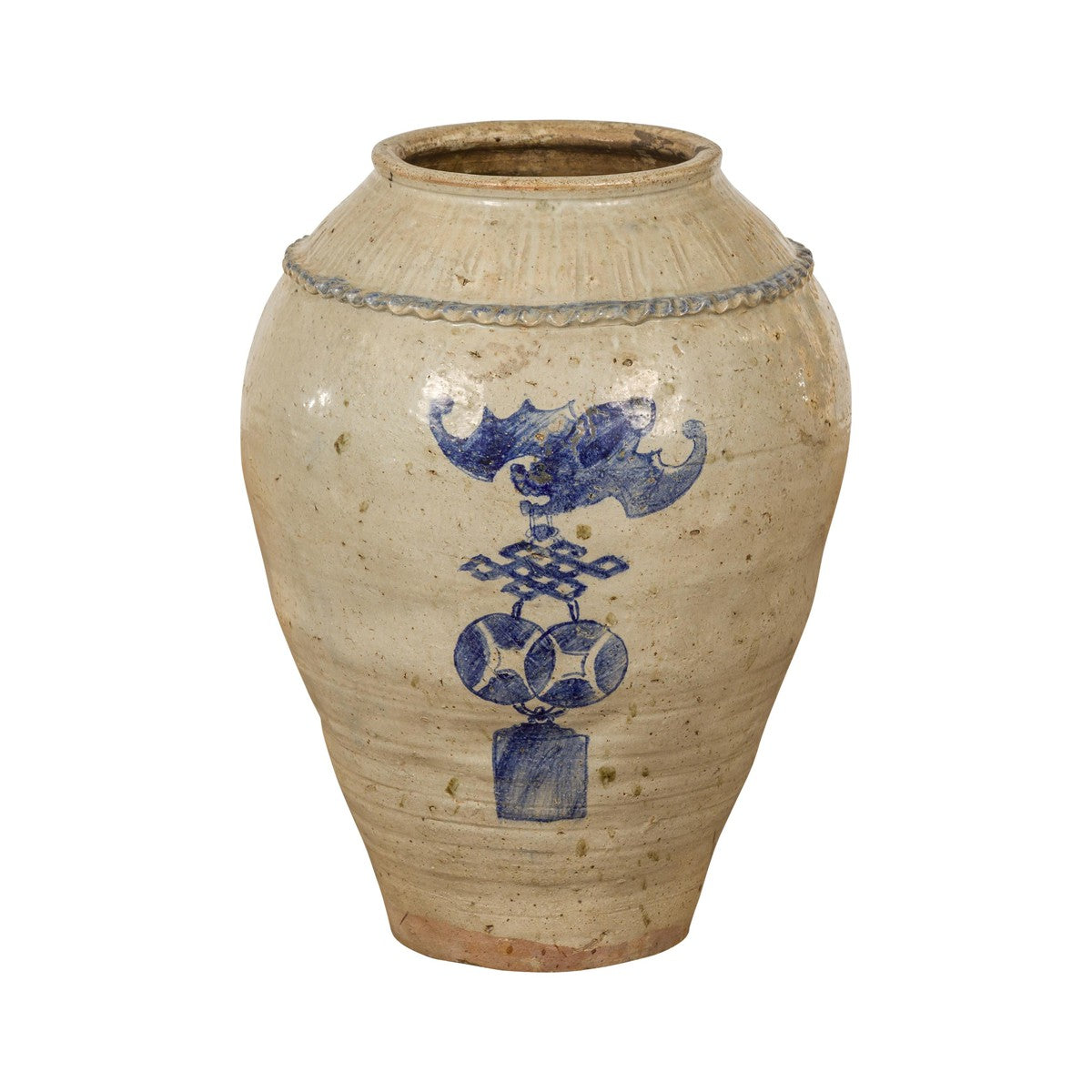 Antique Chinese Glazed Ceramic Storage Jar with Blue Painted Motifs-16. Asian & Chinese Furniture, Art, Antiques, Vintage Home Décor for sale at FEA Home