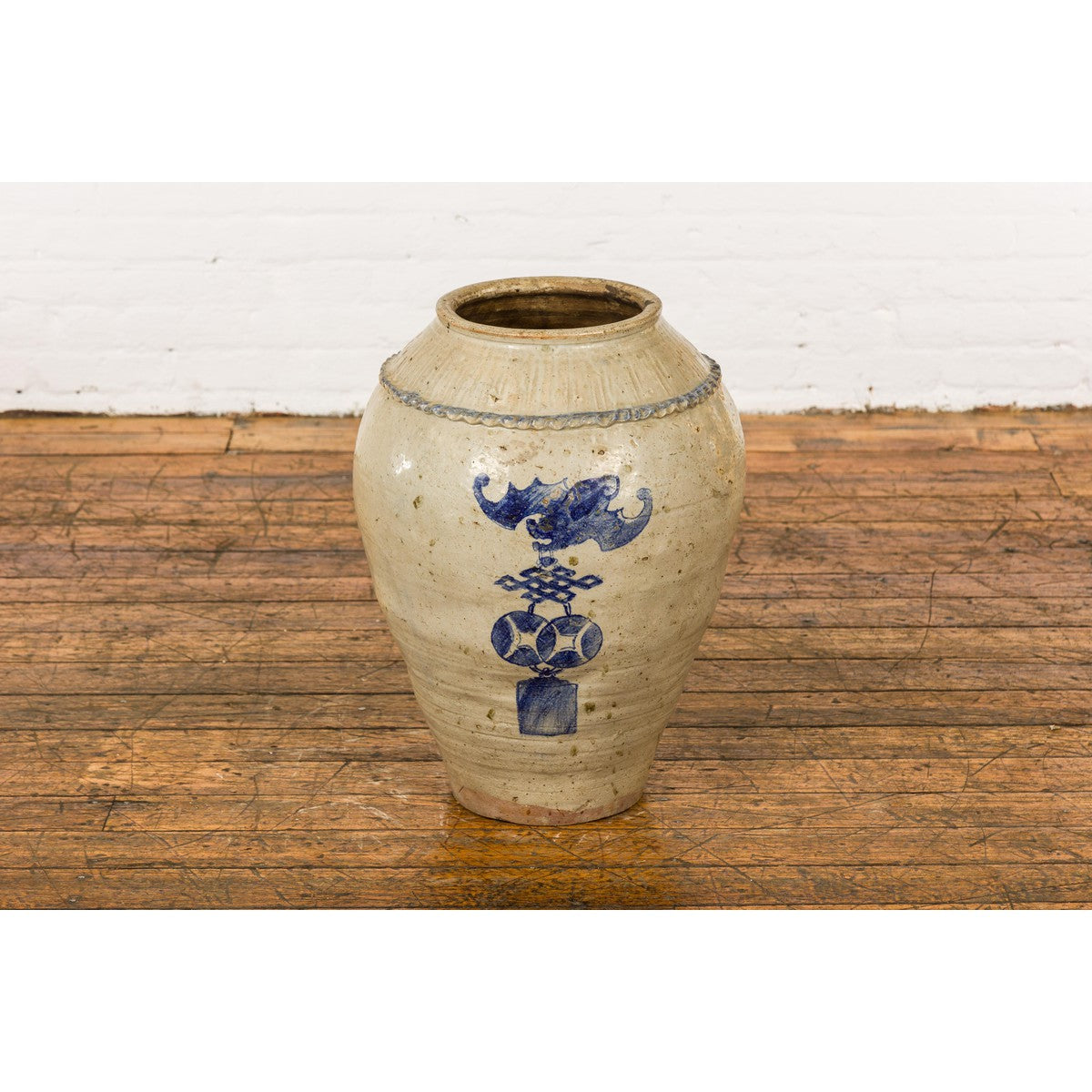 Antique Chinese Glazed Ceramic Storage Jar with Blue Painted Motifs-3. Asian & Chinese Furniture, Art, Antiques, Vintage Home Décor for sale at FEA Home