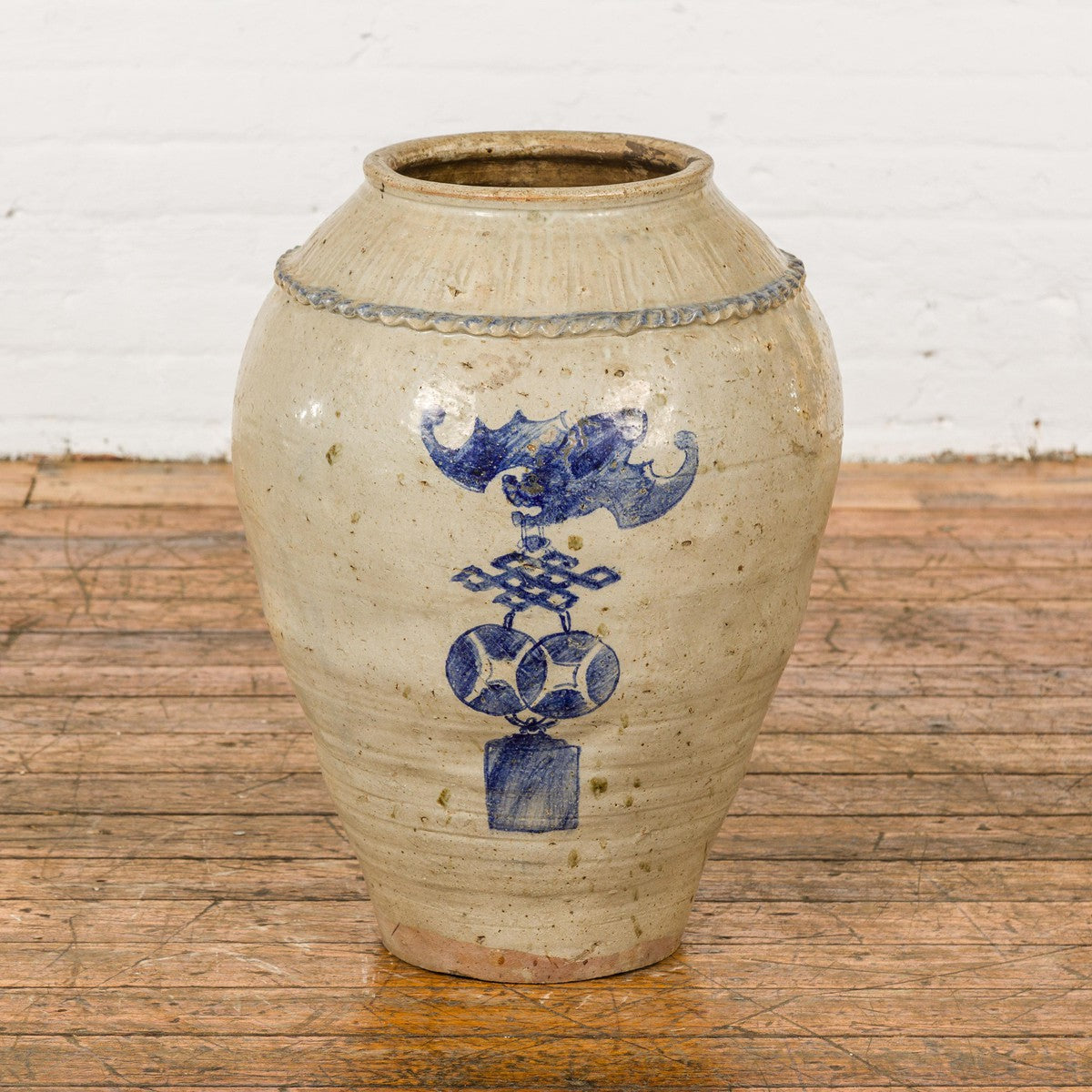 Antique Chinese Glazed Ceramic Storage Jar with Blue Painted Motifs-4. Asian & Chinese Furniture, Art, Antiques, Vintage Home Décor for sale at FEA Home