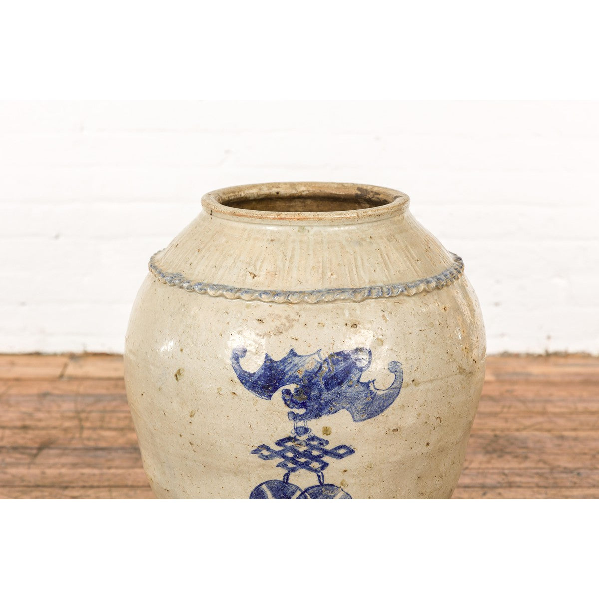 Antique Chinese Glazed Ceramic Storage Jar with Blue Painted Motifs-5. Asian & Chinese Furniture, Art, Antiques, Vintage Home Décor for sale at FEA Home