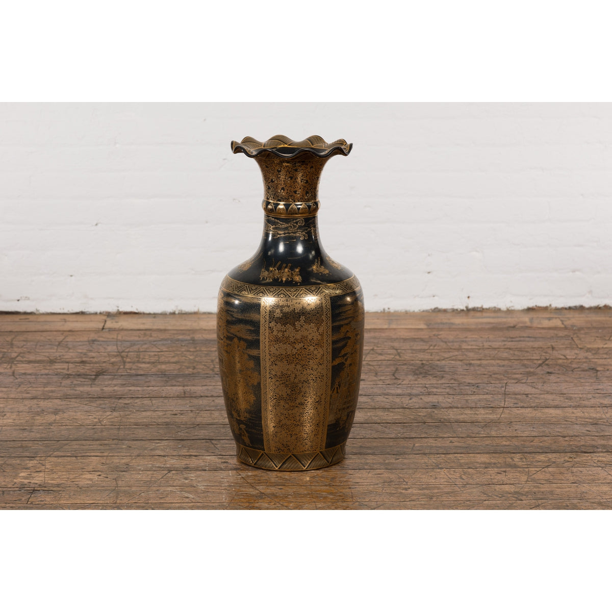 Black Lacquer and Gold Leaf Underlay Chinese Altar Vase with Scalloped Top-10. Asian & Chinese Furniture, Art, Antiques, Vintage Home Décor for sale at FEA Home