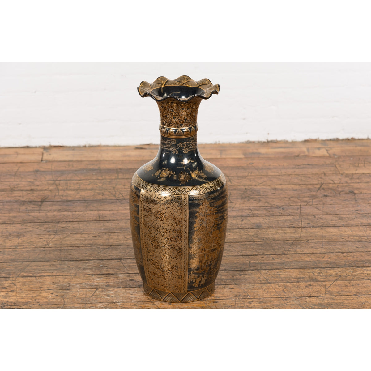 Black Lacquer and Gold Leaf Underlay Chinese Altar Vase with Scalloped Top-13. Asian & Chinese Furniture, Art, Antiques, Vintage Home Décor for sale at FEA Home