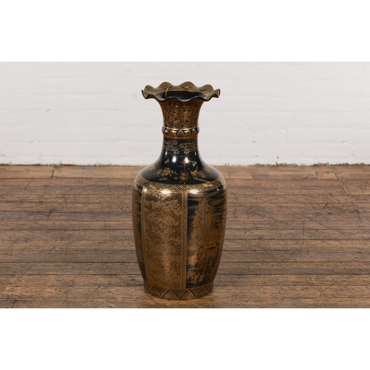 Black Lacquer and Gold Leaf Underlay Chinese Altar Vase with Scalloped Top-14. Asian & Chinese Furniture, Art, Antiques, Vintage Home Décor for sale at FEA Home