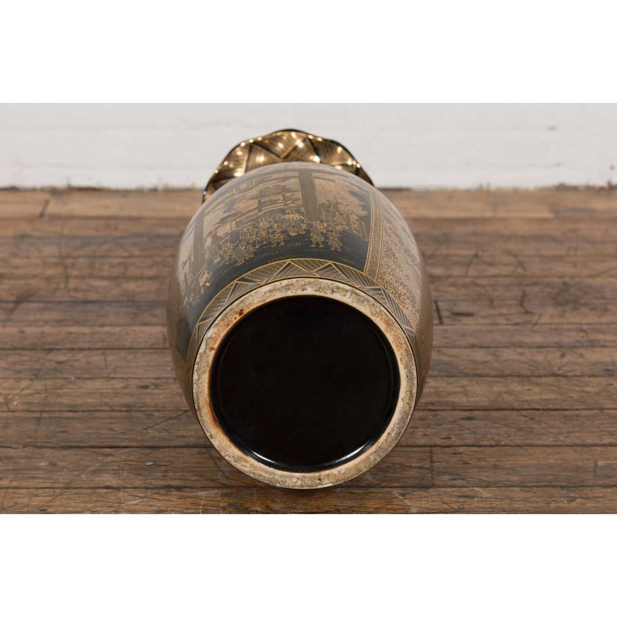 Black Lacquer and Gold Leaf Underlay Chinese Altar Vase with Scalloped Top-16. Asian & Chinese Furniture, Art, Antiques, Vintage Home Décor for sale at FEA Home