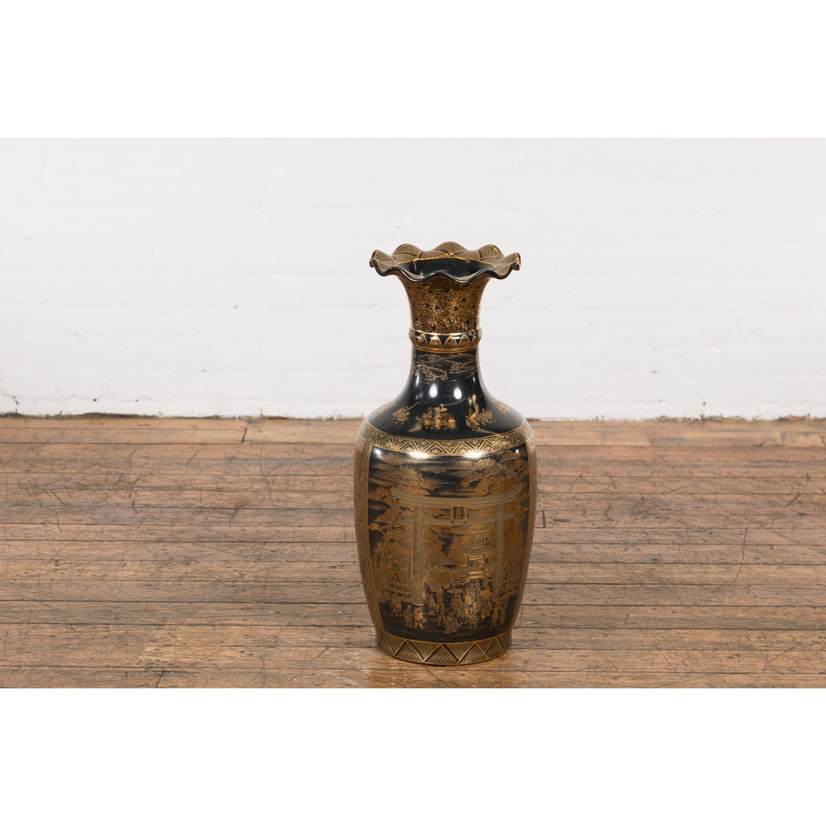 Black Lacquer and Gold Leaf Underlay Chinese Altar Vase with Scalloped Top-17. Asian & Chinese Furniture, Art, Antiques, Vintage Home Décor for sale at FEA Home