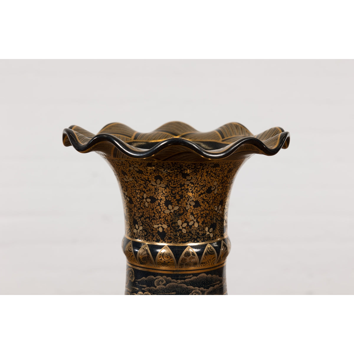 Black Lacquer and Gold Leaf Underlay Chinese Altar Vase with Scalloped Top-18. Asian & Chinese Furniture, Art, Antiques, Vintage Home Décor for sale at FEA Home