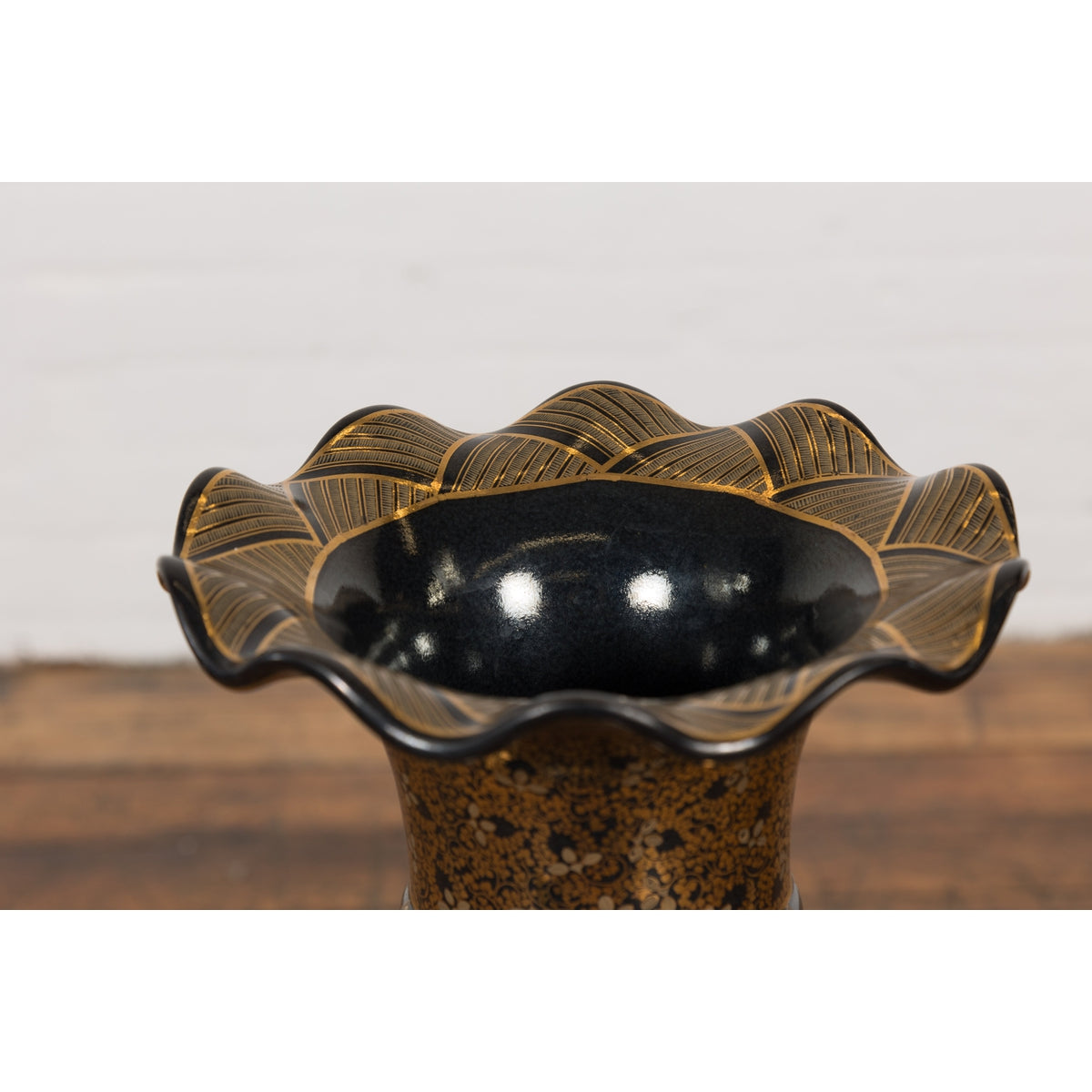 Black Lacquer and Gold Leaf Underlay Chinese Altar Vase with Scalloped Top-19. Asian & Chinese Furniture, Art, Antiques, Vintage Home Décor for sale at FEA Home