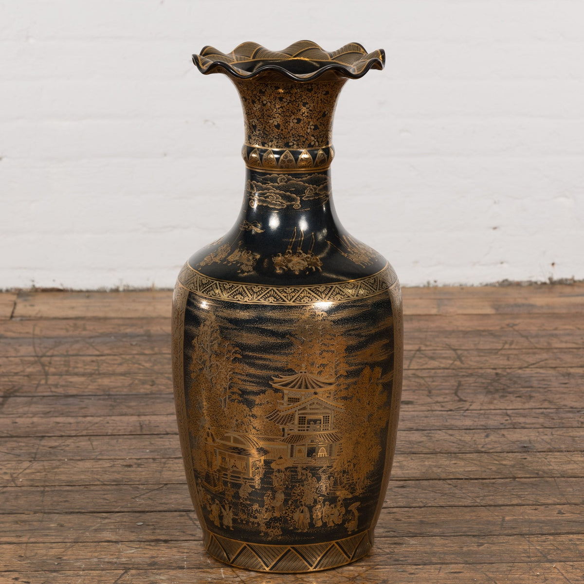 Black Lacquer and Gold Leaf Underlay Chinese Altar Vase with Scalloped Top-2. Asian & Chinese Furniture, Art, Antiques, Vintage Home Décor for sale at FEA Home