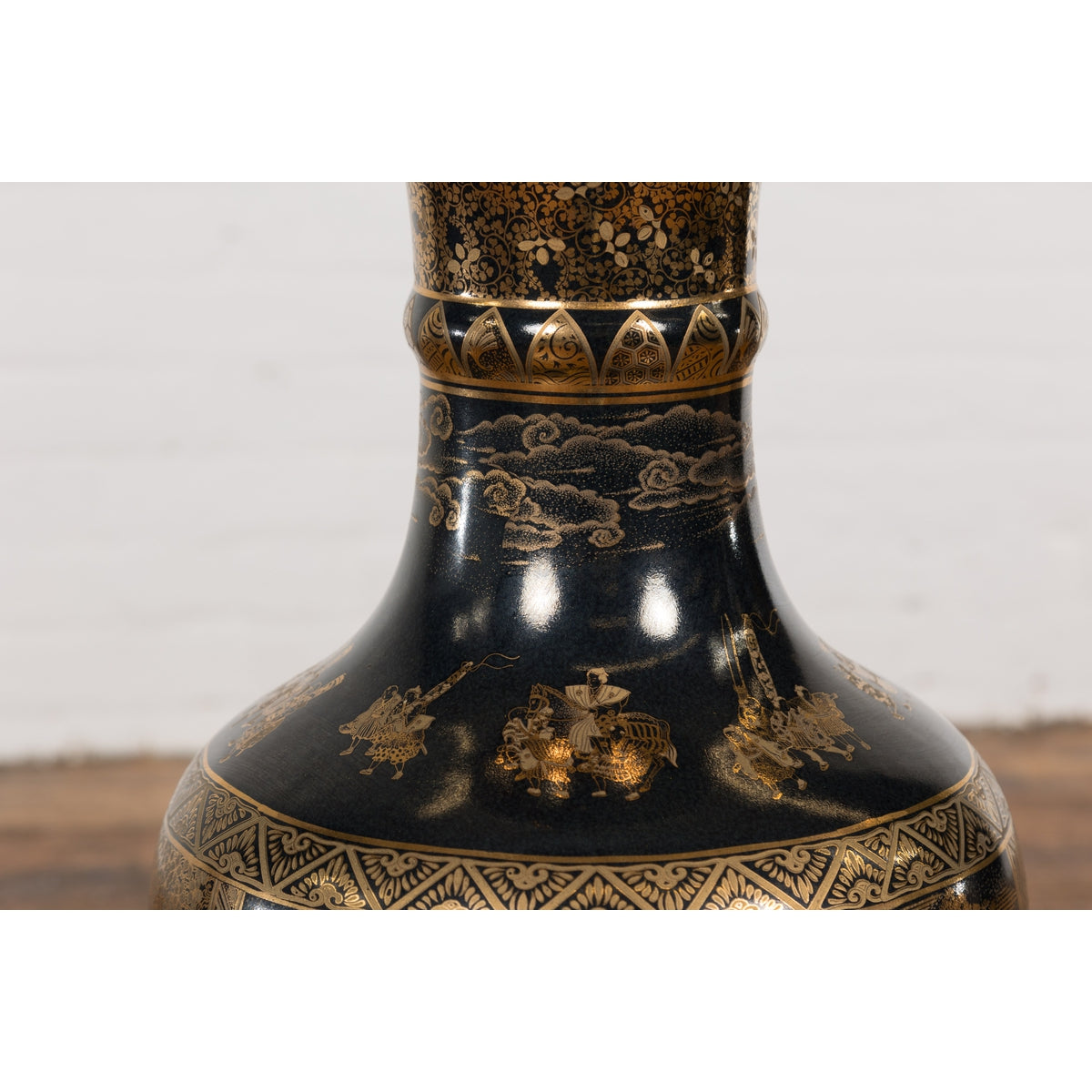 Black Lacquer and Gold Leaf Underlay Chinese Altar Vase with Scalloped Top-20. Asian & Chinese Furniture, Art, Antiques, Vintage Home Décor for sale at FEA Home