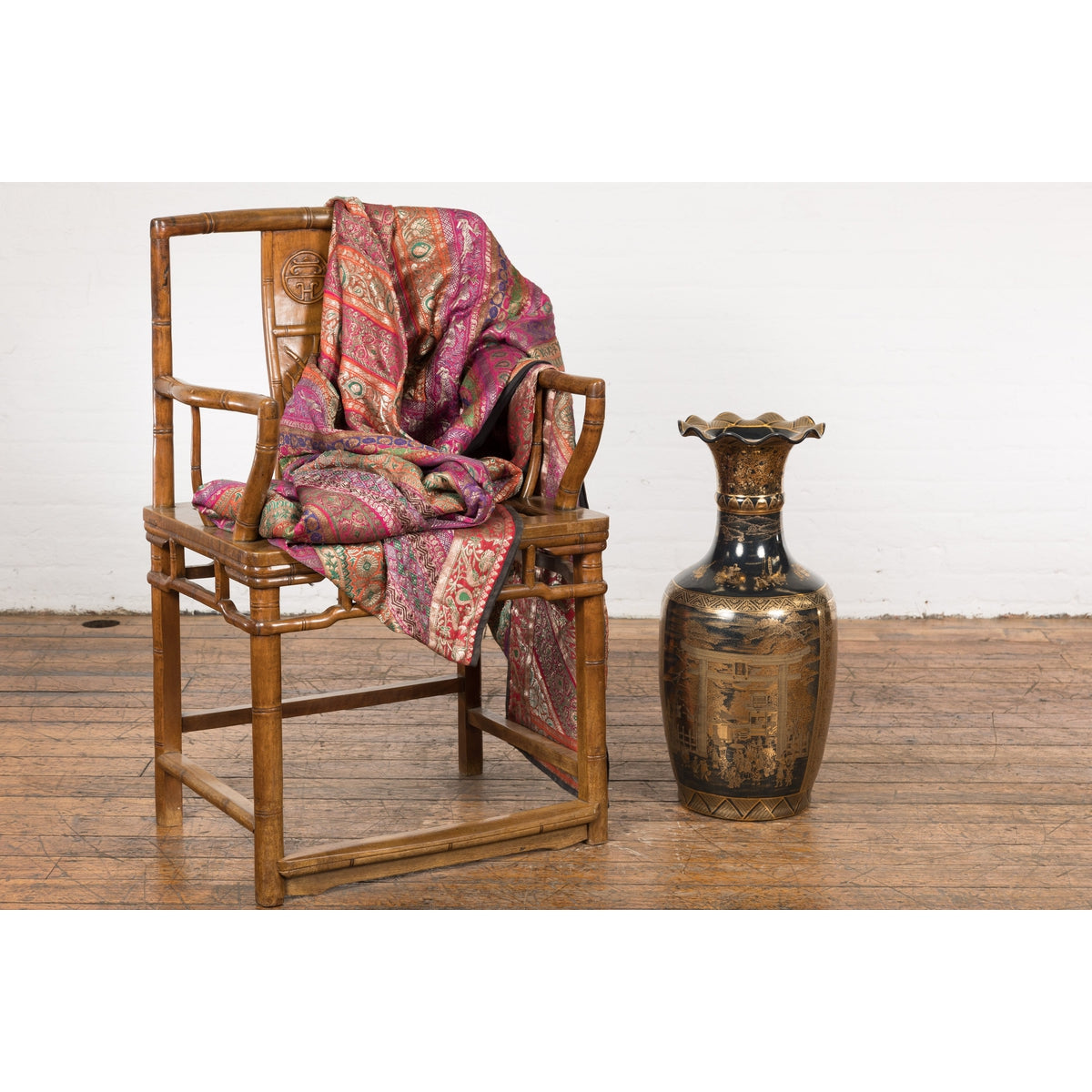 Black Lacquer and Gold Leaf Underlay Chinese Altar Vase with Scalloped Top-3. Asian & Chinese Furniture, Art, Antiques, Vintage Home Décor for sale at FEA Home