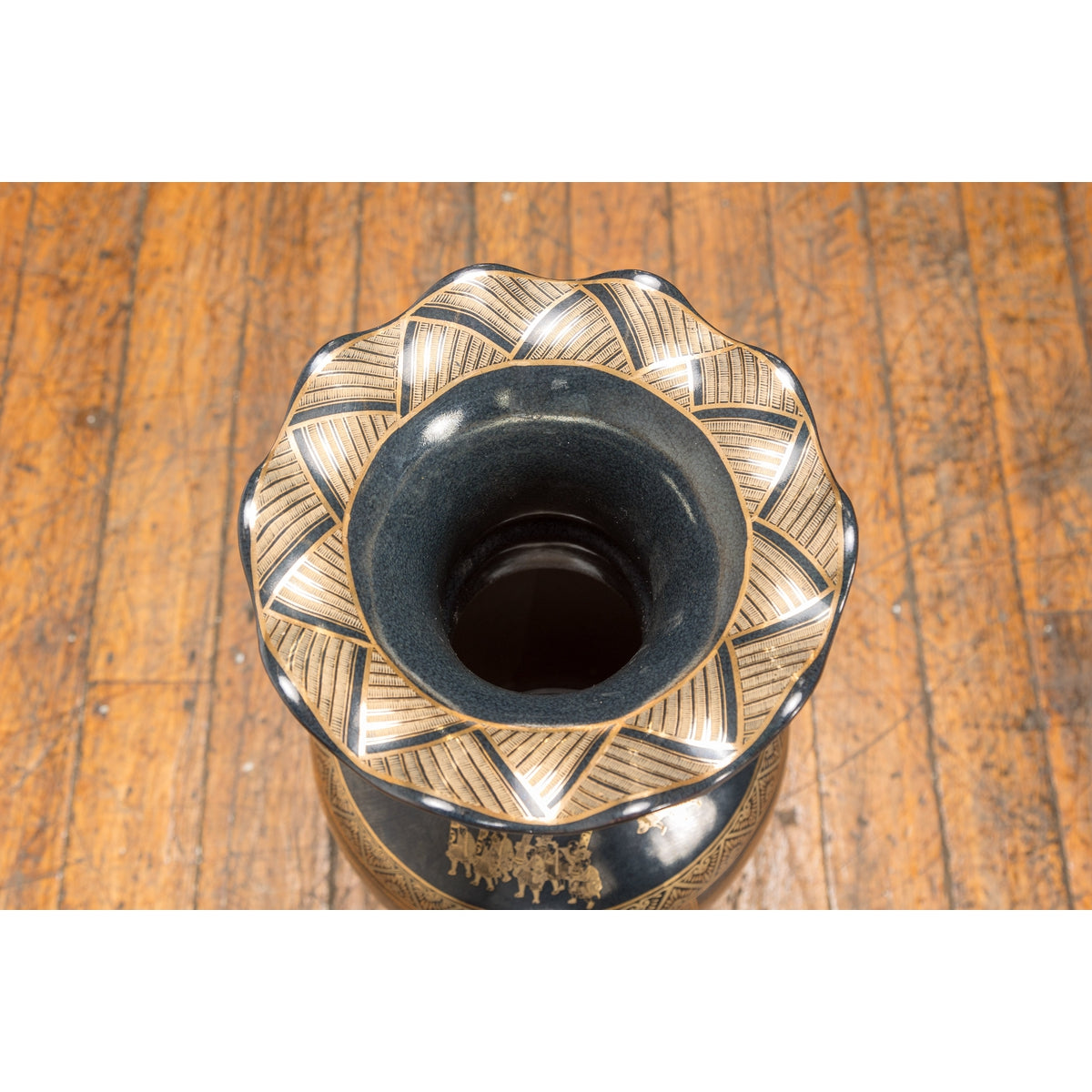 Black Lacquer and Gold Leaf Underlay Chinese Altar Vase with Scalloped Top-7. Asian & Chinese Furniture, Art, Antiques, Vintage Home Décor for sale at FEA Home