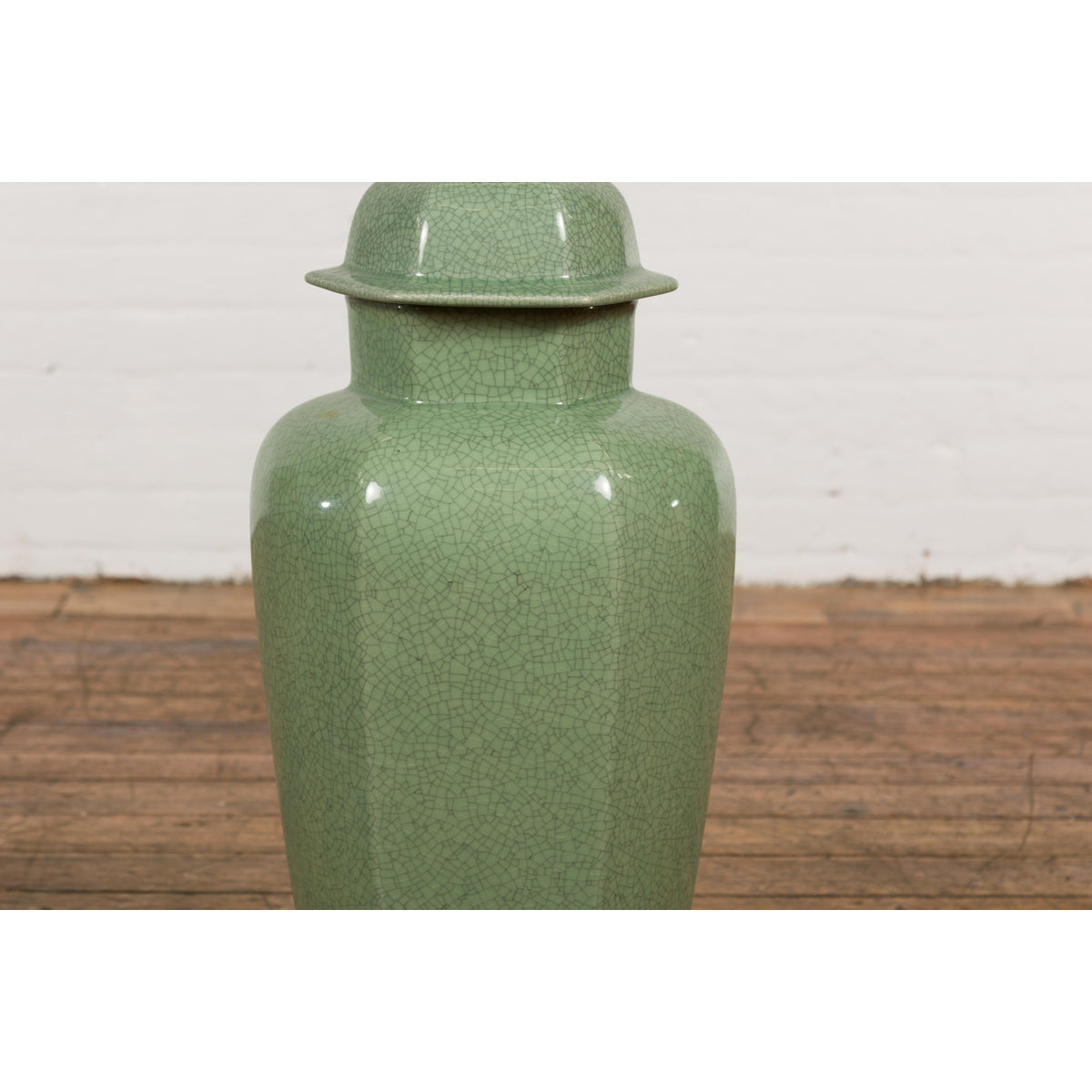 Vintage Celadon Colour Altar Vase with Bud Top and Crackle Design-14. Asian & Chinese Furniture, Art, Antiques, Vintage Home Décor for sale at FEA Home