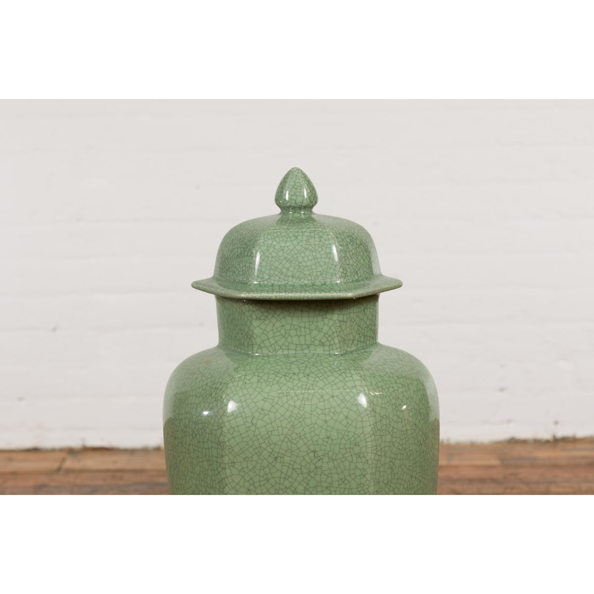 Vintage Celadon Colour Altar Vase with Bud Top and Crackle Design-15. Asian & Chinese Furniture, Art, Antiques, Vintage Home Décor for sale at FEA Home
