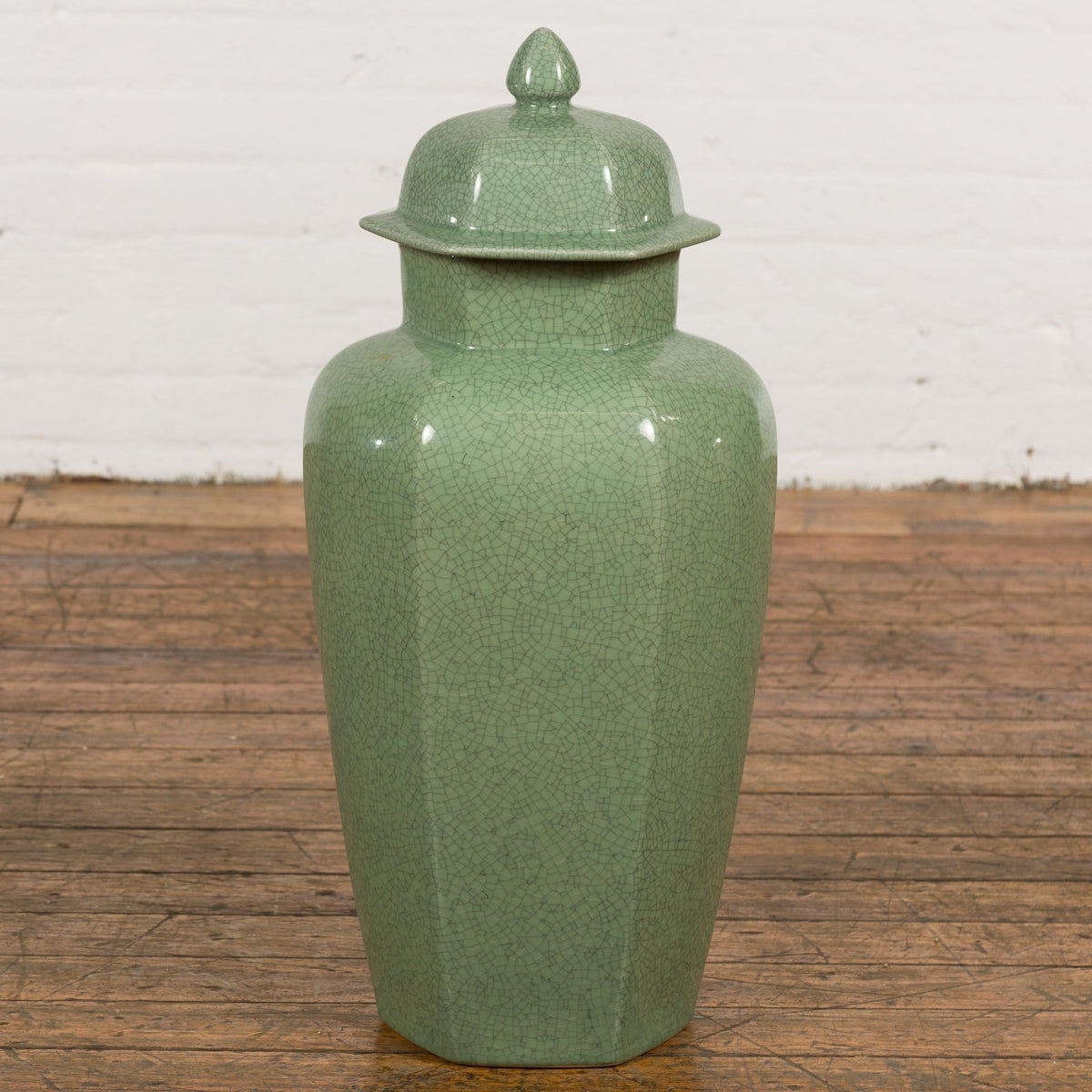 Vintage Celadon Colour Altar Vase with Bud Top and Crackle Design-16. Asian & Chinese Furniture, Art, Antiques, Vintage Home Décor for sale at FEA Home