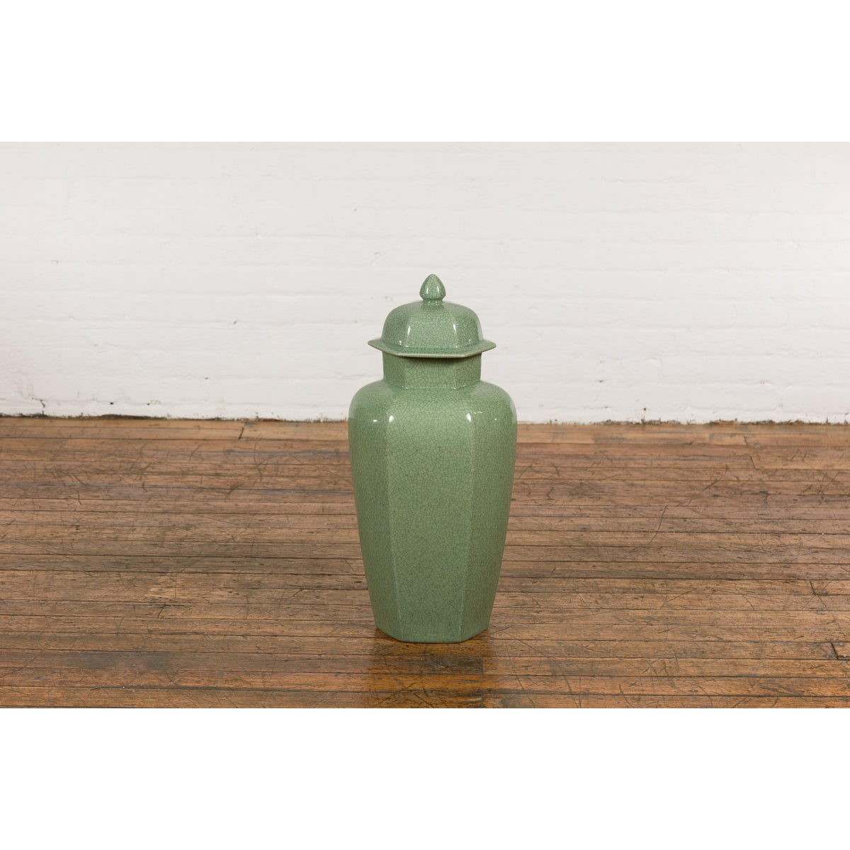 Vintage Celadon Colour Altar Vase with Bud Top and Crackle Design-18. Asian & Chinese Furniture, Art, Antiques, Vintage Home Décor for sale at FEA Home