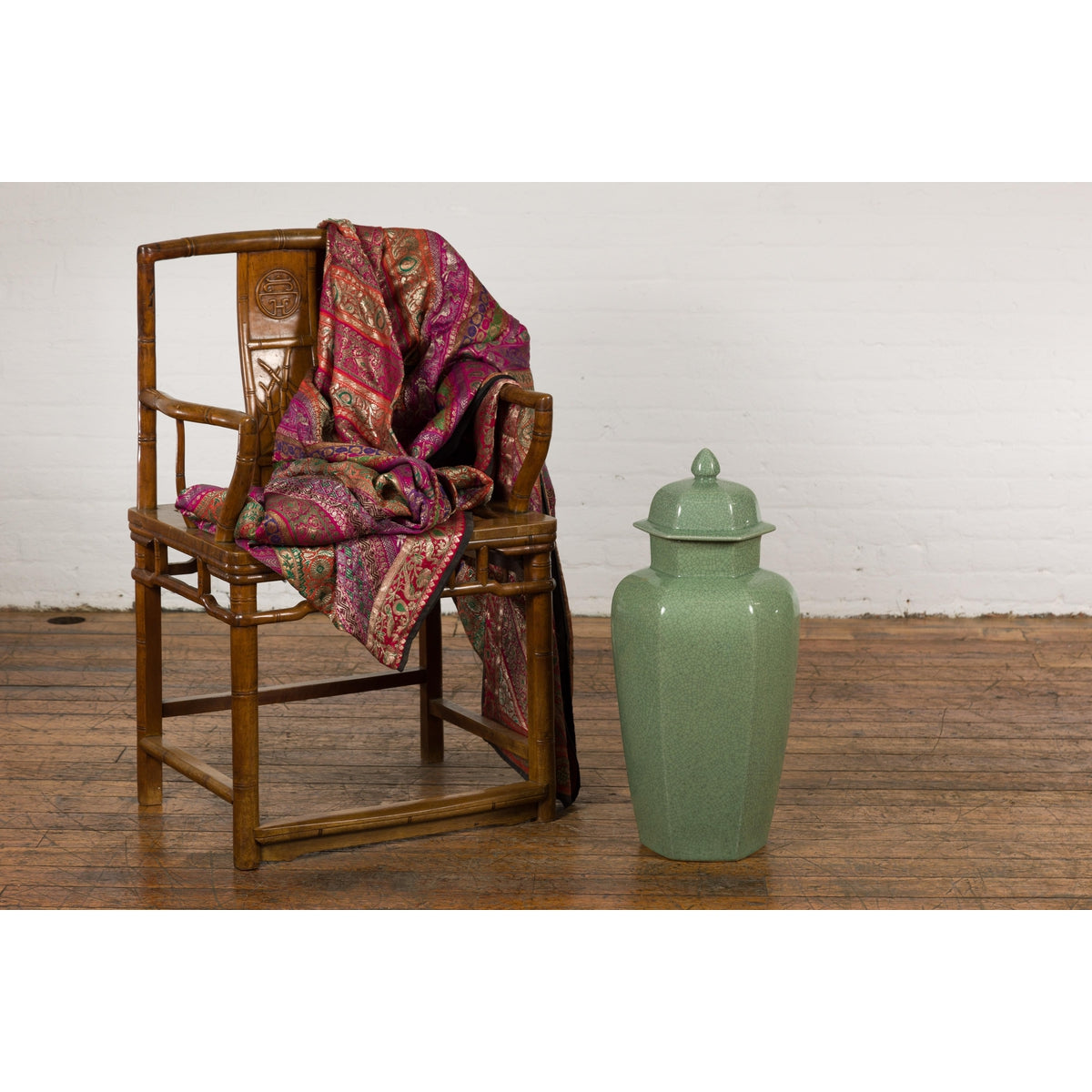 Vintage Celadon Colour Altar Vase with Bud Top and Crackle Design-3. Asian & Chinese Furniture, Art, Antiques, Vintage Home Décor for sale at FEA Home