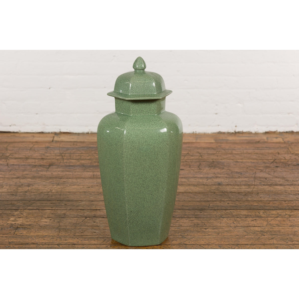 Vintage Celadon Colour Altar Vase with Bud Top and Crackle Design-4. Asian & Chinese Furniture, Art, Antiques, Vintage Home Décor for sale at FEA Home