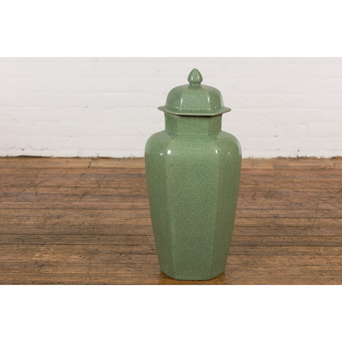 Vintage Celadon Colour Altar Vase with Bud Top and Crackle Design-6. Asian & Chinese Furniture, Art, Antiques, Vintage Home Décor for sale at FEA Home