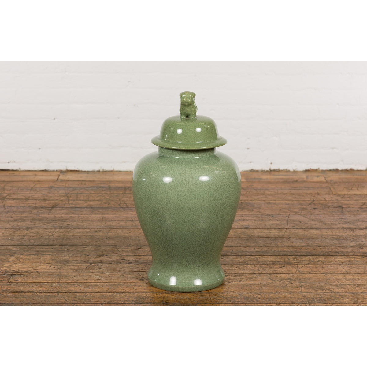 Chinese Lidded Altar Vase with Green Celadon Glaze and Guardian Lion Motif-12. Asian & Chinese Furniture, Art, Antiques, Vintage Home Décor for sale at FEA Home
