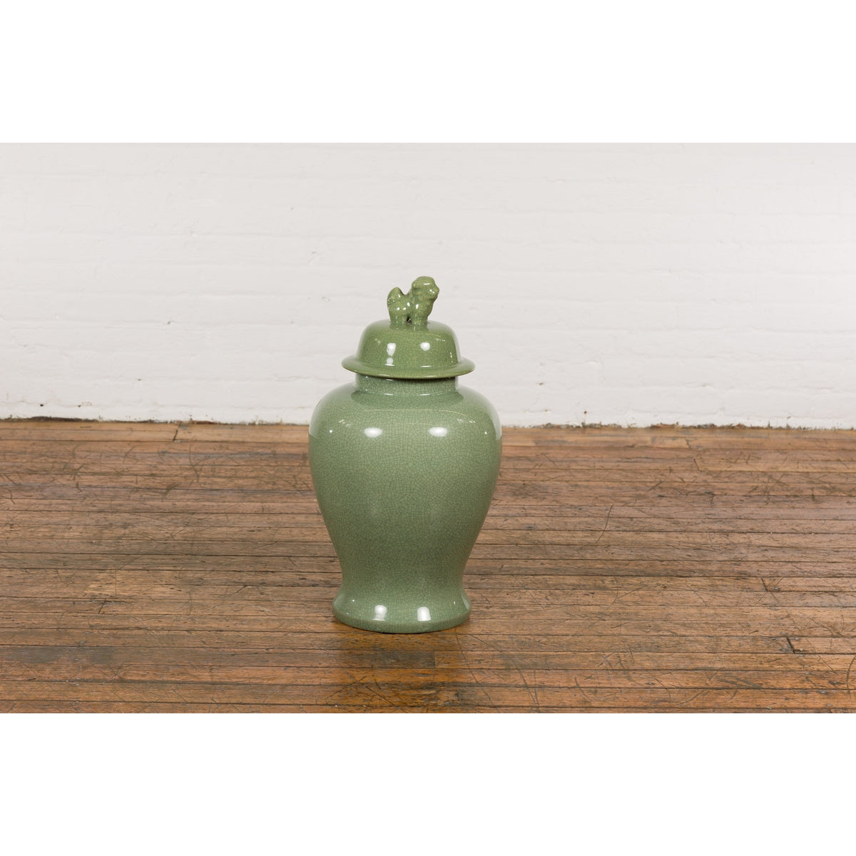 Chinese Lidded Altar Vase with Green Celadon Glaze and Guardian Lion Motif-13. Asian & Chinese Furniture, Art, Antiques, Vintage Home Décor for sale at FEA Home