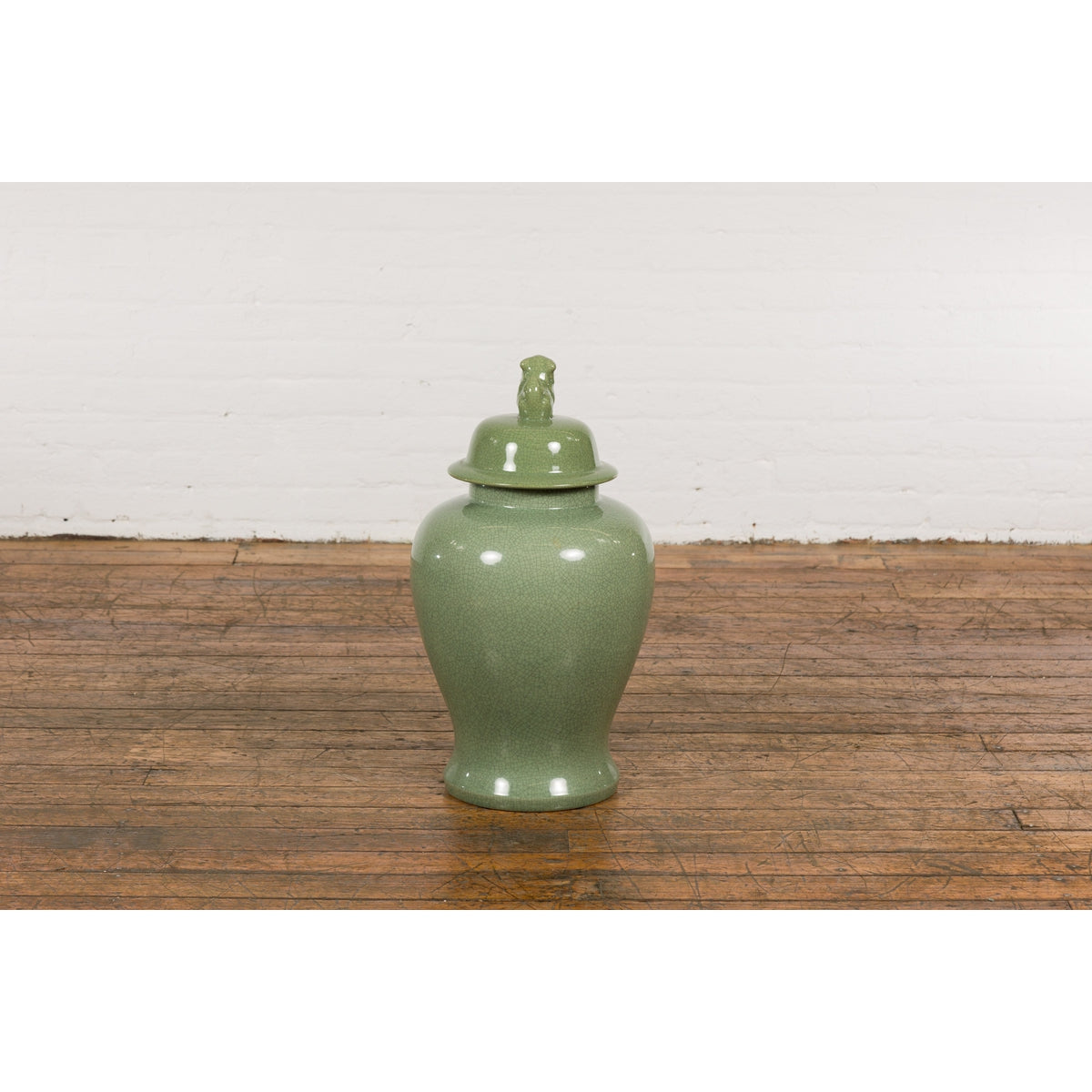 Chinese Lidded Altar Vase with Green Celadon Glaze and Guardian Lion Motif-14. Asian & Chinese Furniture, Art, Antiques, Vintage Home Décor for sale at FEA Home
