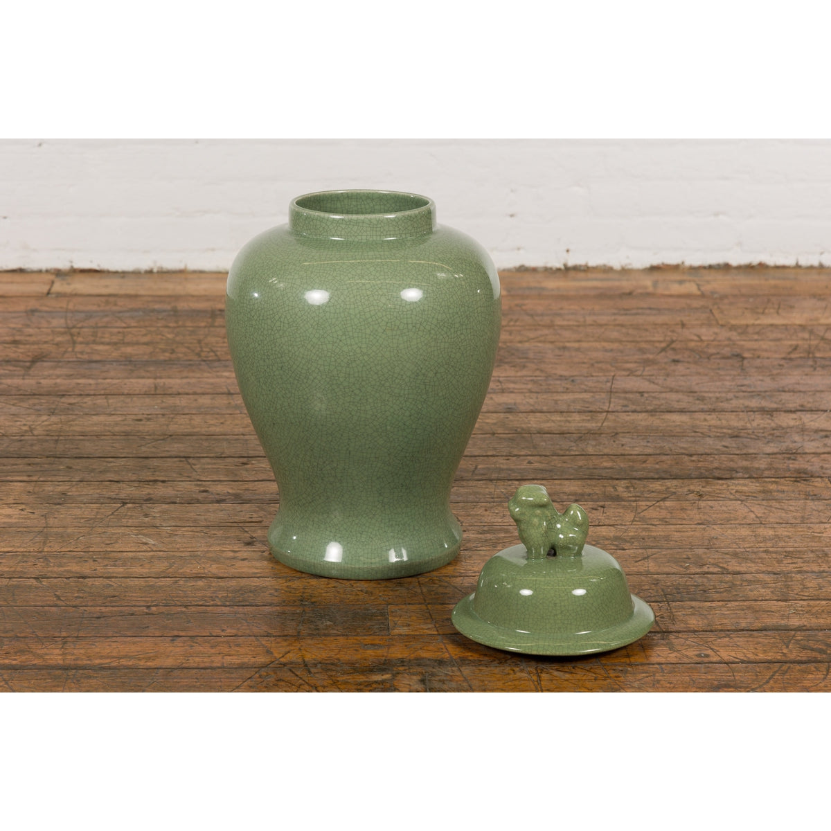 Chinese Lidded Altar Vase with Green Celadon Glaze and Guardian Lion Motif-3. Asian & Chinese Furniture, Art, Antiques, Vintage Home Décor for sale at FEA Home
