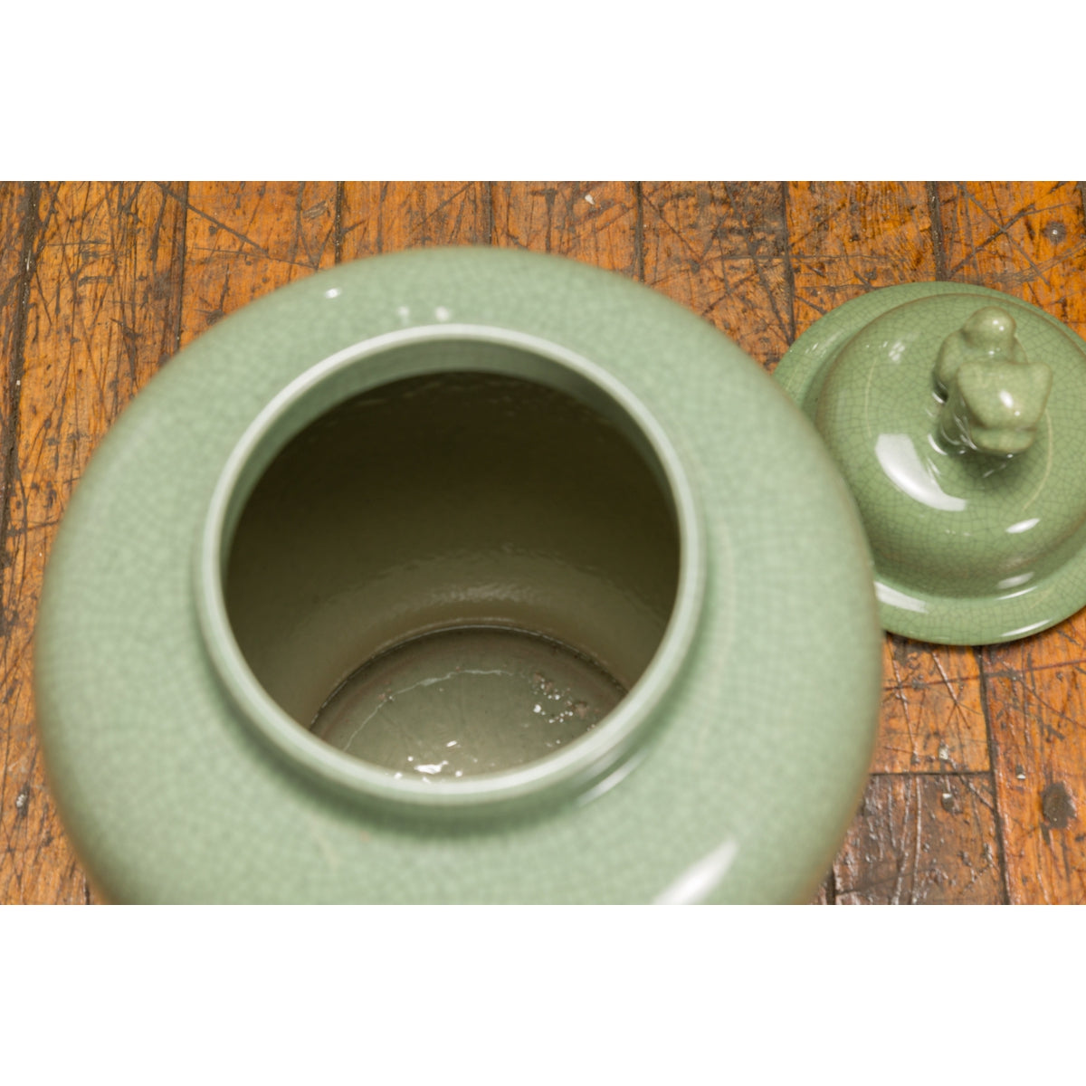 Chinese Lidded Altar Vase with Green Celadon Glaze and Guardian Lion Motif-4. Asian & Chinese Furniture, Art, Antiques, Vintage Home Décor for sale at FEA Home