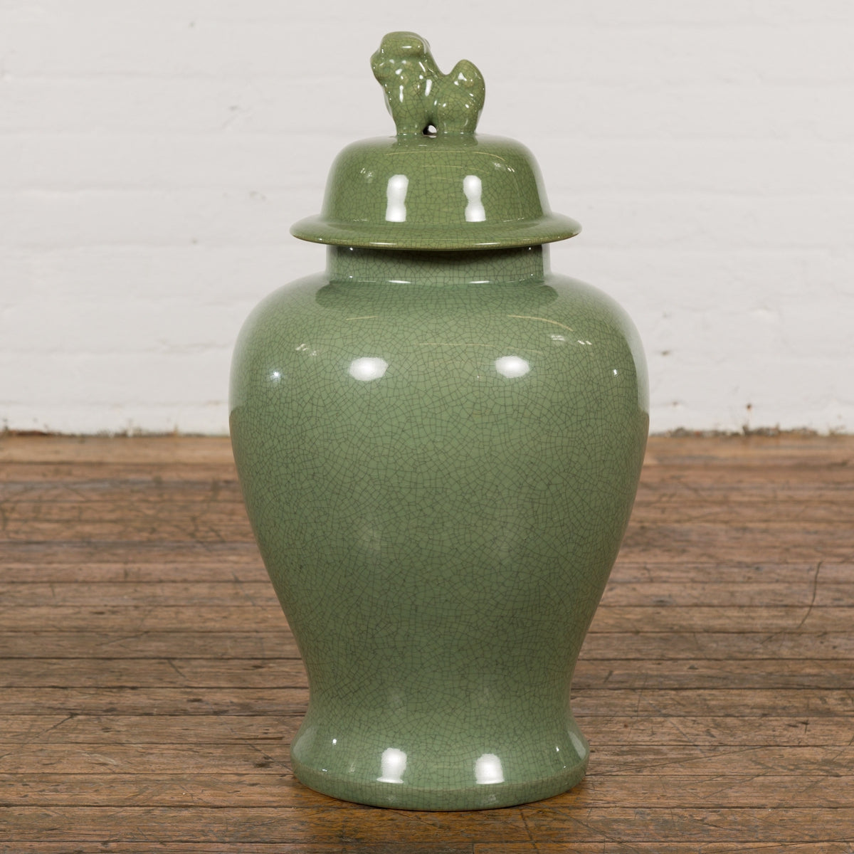 Chinese Lidded Altar Vase with Green Celadon Glaze and Guardian Lion Motif-6. Asian & Chinese Furniture, Art, Antiques, Vintage Home Décor for sale at FEA Home